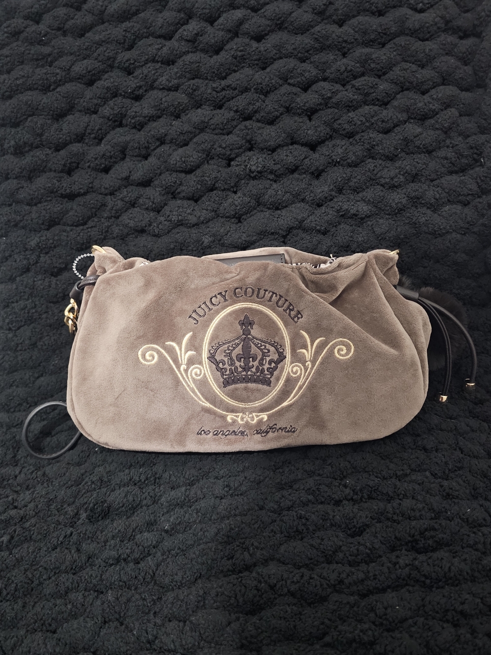 Juicy Couture Dark Taupe Velour Crown Crest Shoulder Bag Charm w/charm NWT
